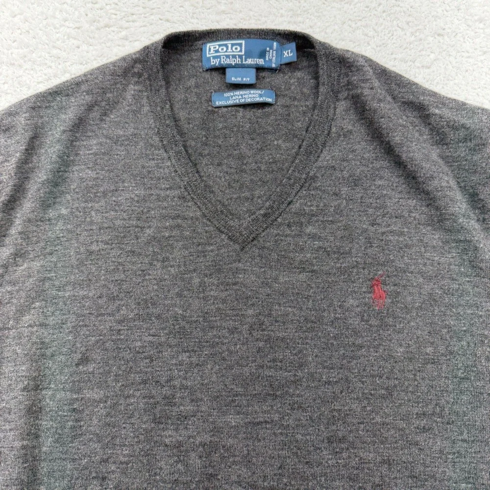 Polo Ralph Lauren Mens V Neck Sweater Dark‎ Gray Merino Wool Slim Fit XL